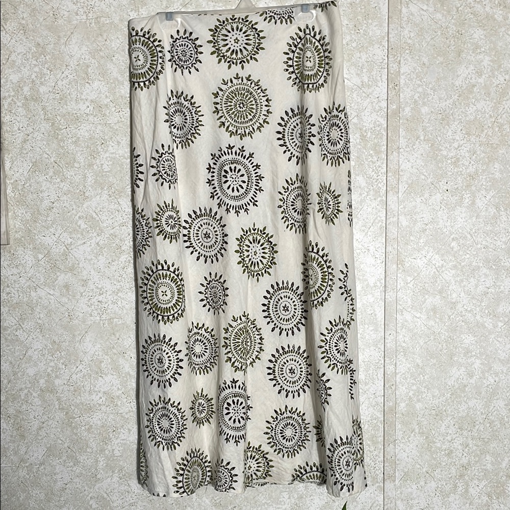 Cato Cream and Green Boho Linen Rayon Maxi A-Line Skirt Resort Wear size 14/16W